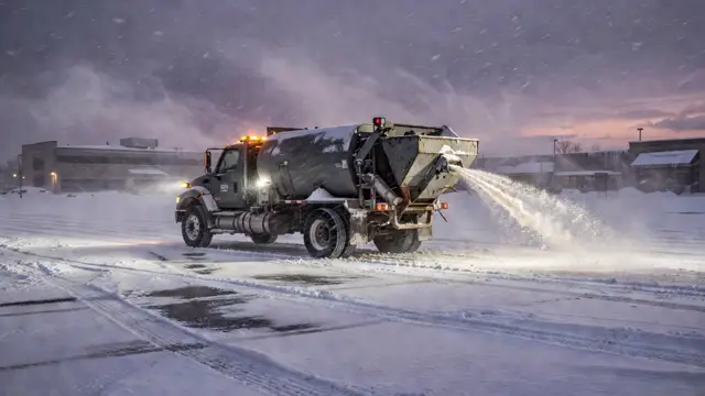 Salt spreader rig applying de-icing material across a commercial lot
